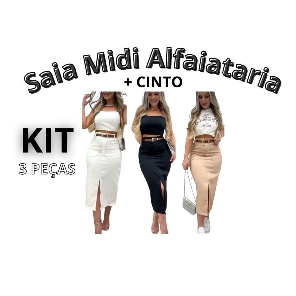 KIT 3 Saia Midi Alfaiataria Com Cinto E Bolsos PROMOÇÃO P ao GG
