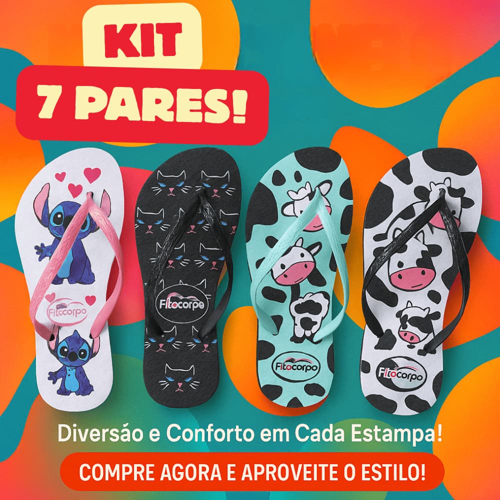 Kit 7 Pares Chinelo Feminino Confortável Estampas Vaquinha Stitch e Gatinho Do 33 ao 40