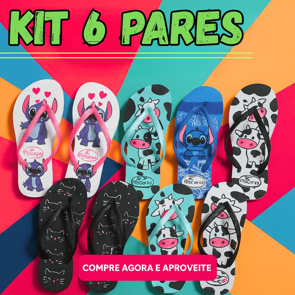 Kit 6 Pares Chinelo Feminino Conforto e Diversão Gatinho Stitch e Vaquinha  Envio Imediato