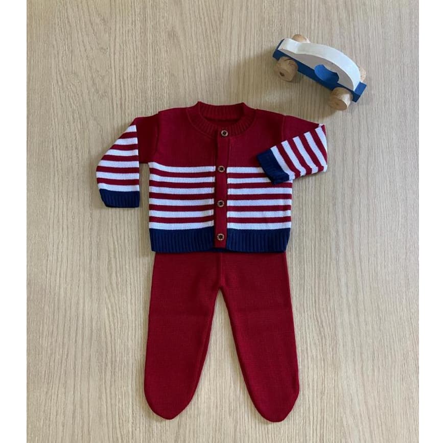 Conjunto Calça Jaqueta Listra Tricô RN Menino Recem Nascido Infantil Bebê