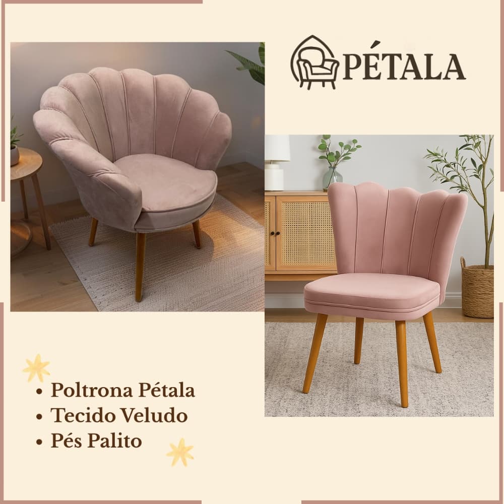 Poltrona Cadeira Decorativa Pétala  Flor Veludo Recepção Pés Palito