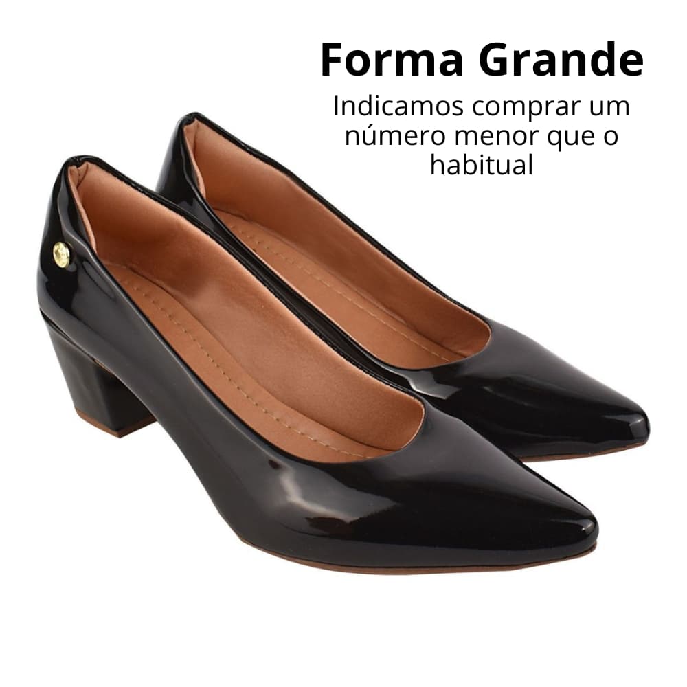 Scarpin Feminino Sapato Social Salto Quadrado Grosso Baixo 5,5cm Bico Fino Confortável Verniz