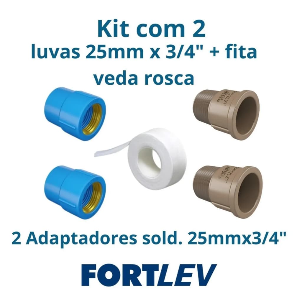 2 Luva Azul 25mm x 3/4 + 2 Adaptador Para Registro 3/4 Fita Veda Rosca Teflon Chuveiro