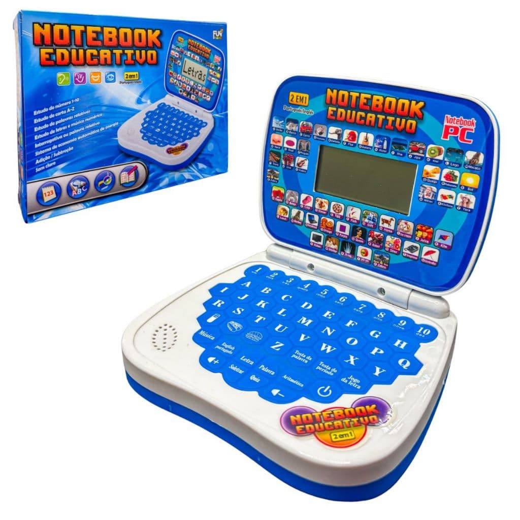 Laptop Educativo Infantil Azul para Menino Bilíngue 2 em 1 Brinquedo Didático Inglês Espanhol