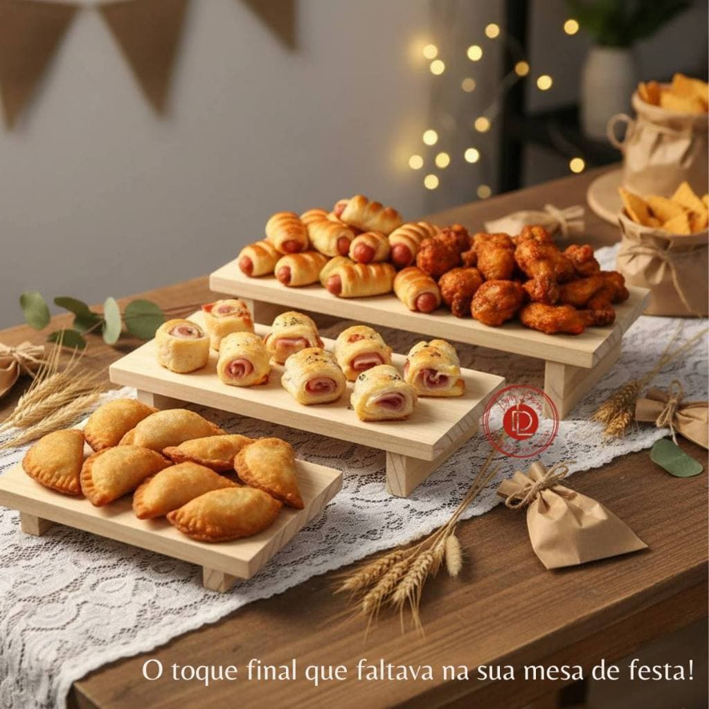 Escadinha  de Doces Trio Bandejas Festa Frios 3 Andares Decoração Buffet Madeira Natural e Rústica