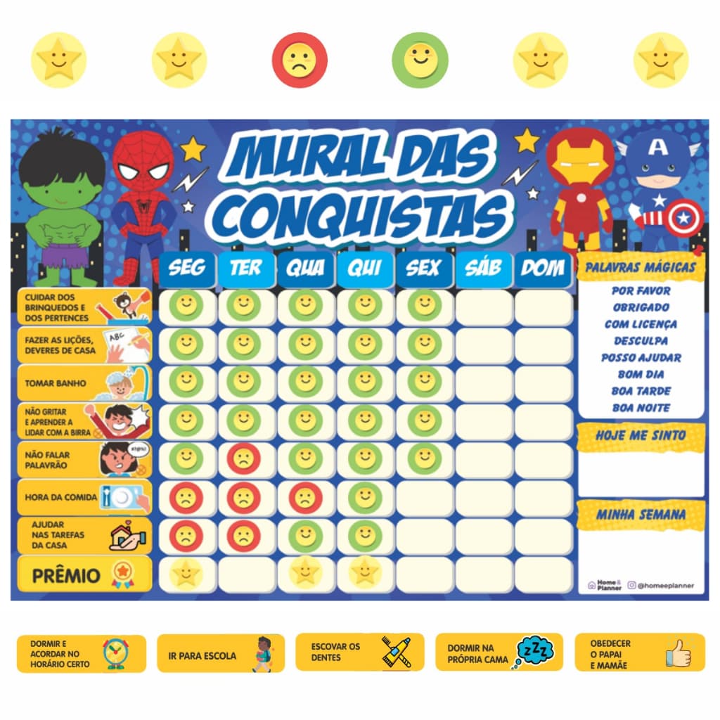 Quadro De Rotina Infantil Mural Das Conquistas Heróis Menino