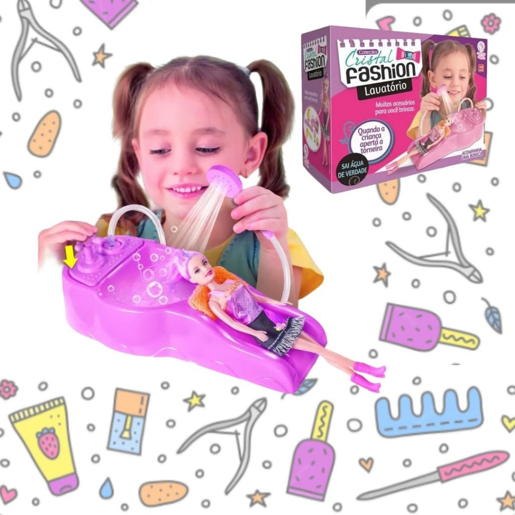 Brinquedo Infantil Lavatório com Boneca e Salão de Beleza e Acessórios – Rosa