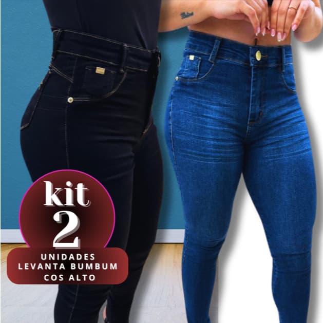 Kit 2 Calças Feminina Skinny Bigode e Preta AJ Elastano Cintura Alta Efeito Levanta Bumbum