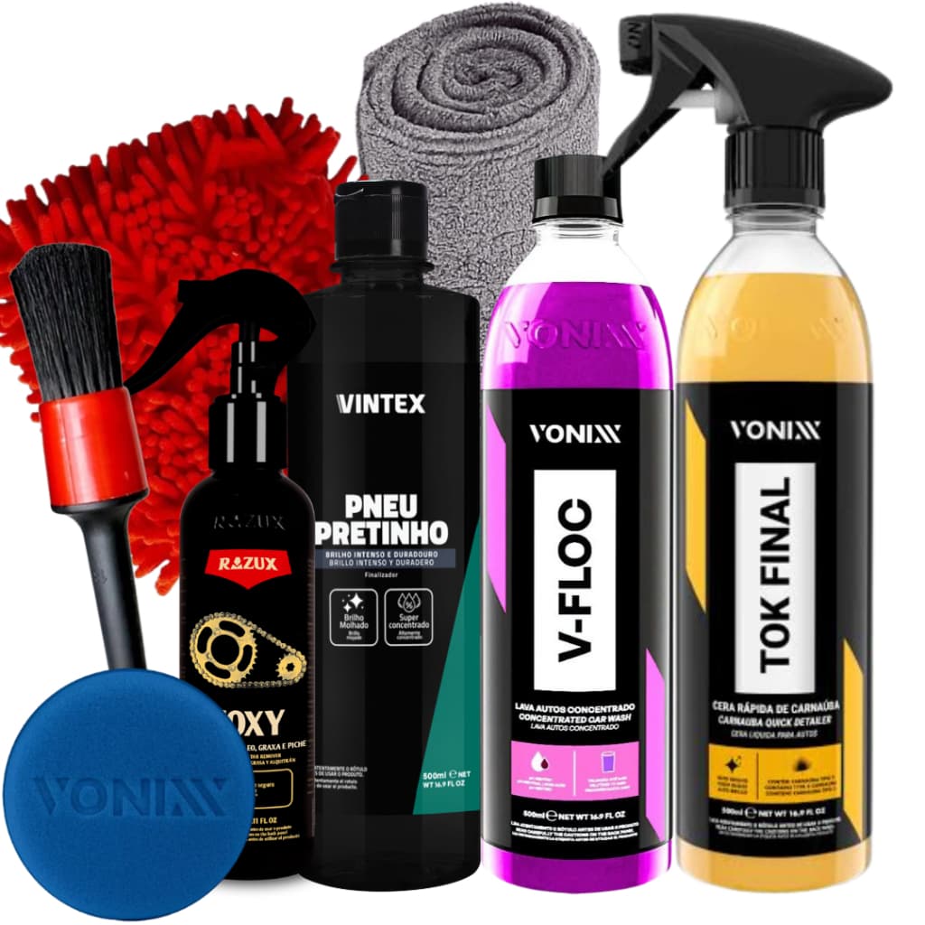 Kit Produto para Lavar Moto Cera Shampoo Desengraxante Pretinho Limpador de Corrente Vonixx