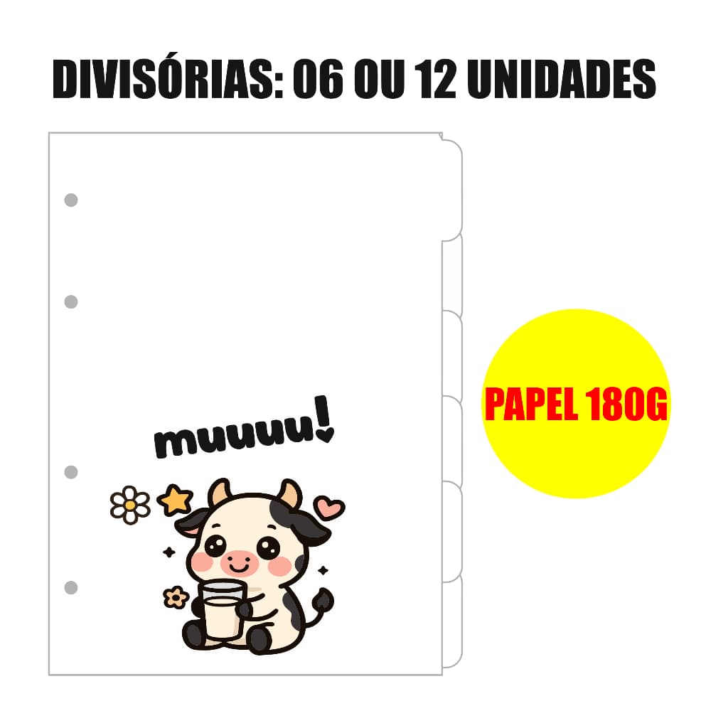 Divisórias Tamanho Colegial Papel 180Gramas Grosso - Vaquinha - Escolha 6 ou 12 Unidades - Muuuuuuuu