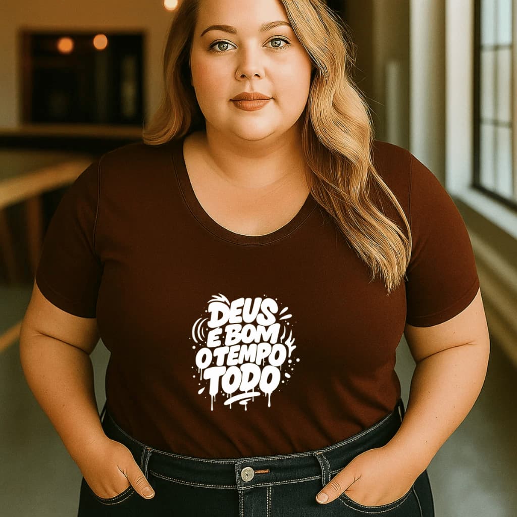 Camiseta Feminina Plus Size Cristã 100% Algodão Deus È Bom Em Todo Tempo
