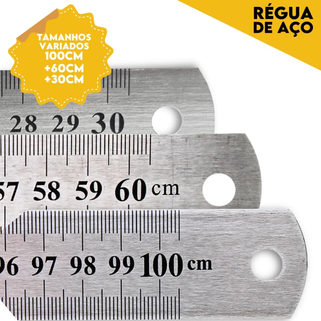 Régua de Metal em Aço Inox 30cm/60cm/1 Metro Multiuso Material Escolar e Artesanato