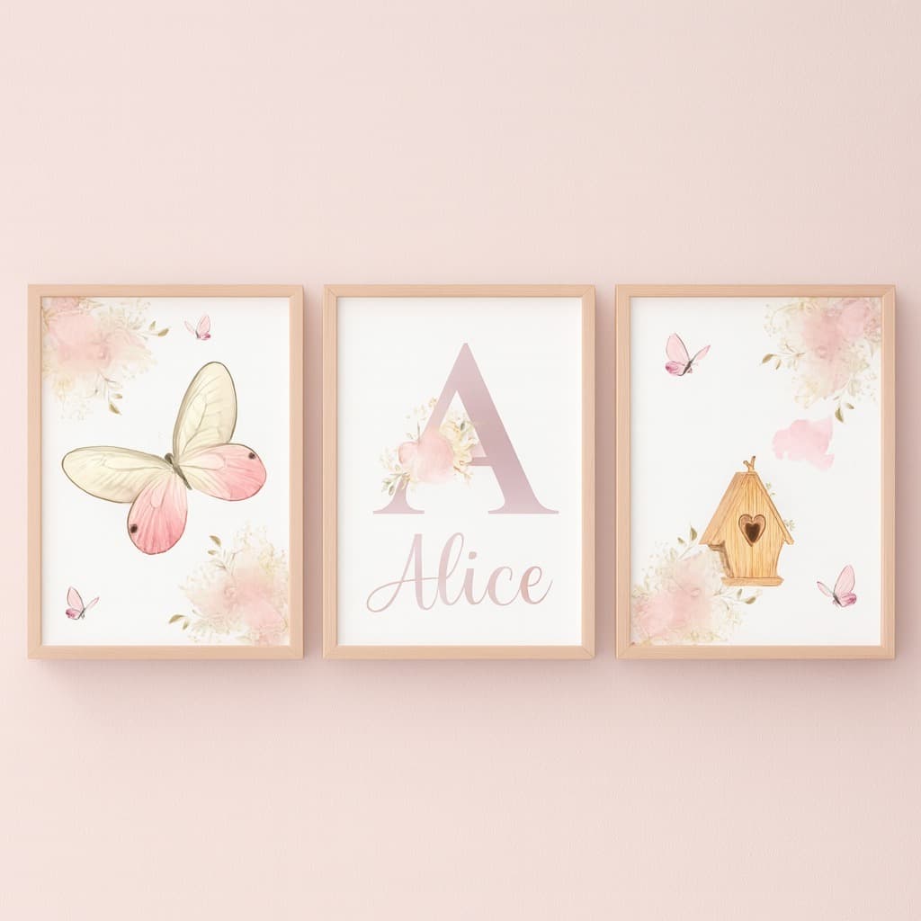 Kit 3 Quadros Decorativos Borboleta Casinha Meigo Meninas Com Nome Personalizado Quarto Sala