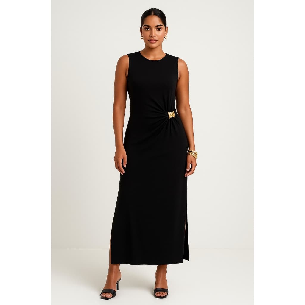 Vestido Casual Feminino Com fenda Lateral E Detalhe Em Dourado Charmoso