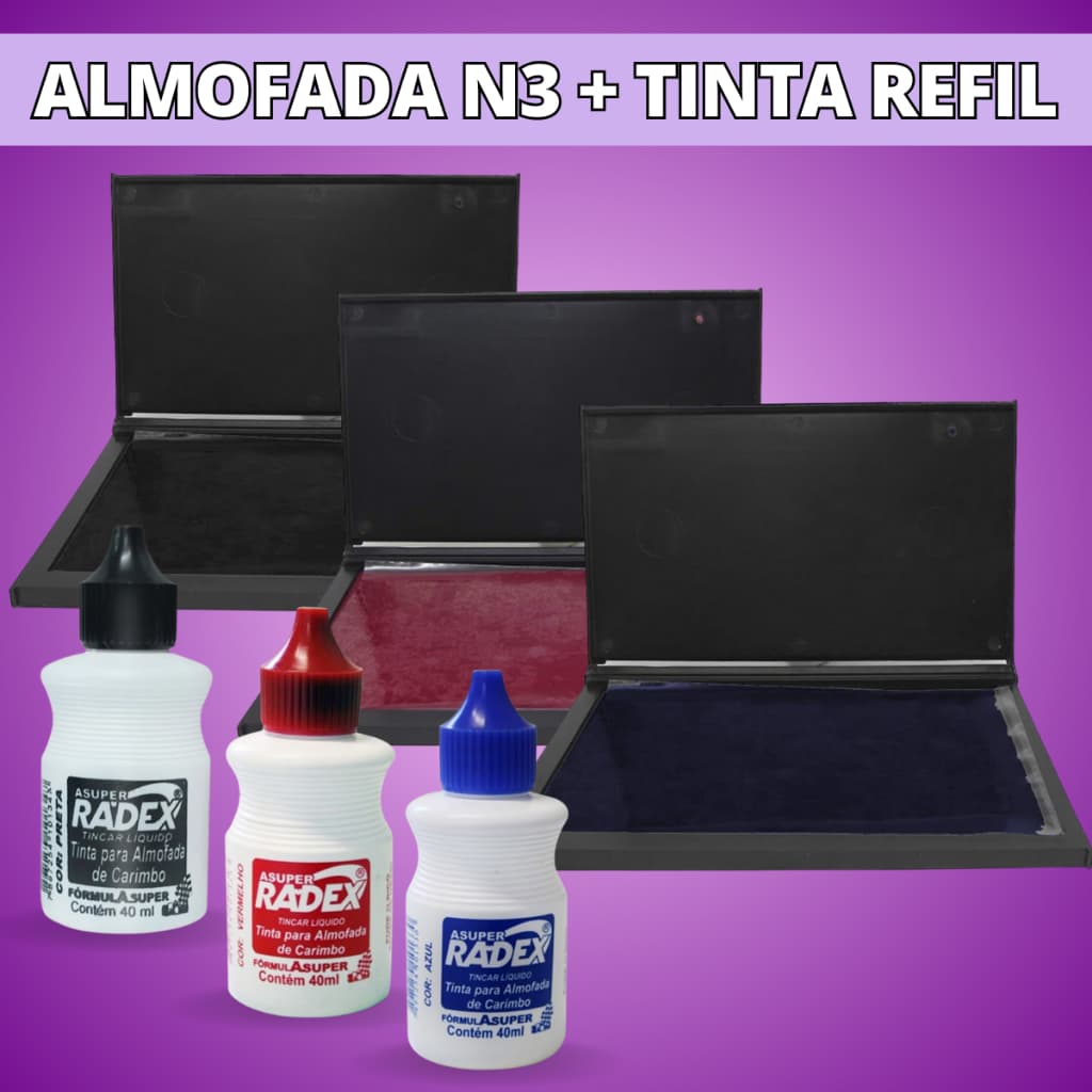 Almofada Carimbeira N3 Para Carimbo + 1 Tinta Refil 40ml Alto Rendimento - Escolha A Cor