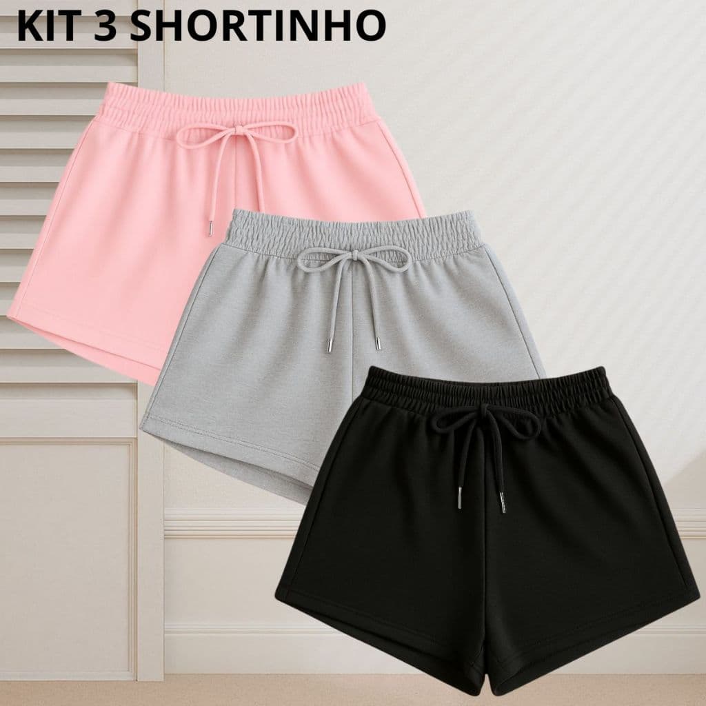 Kit 3 Shorts Moletom Feminino Cintura Alta Academia Treino Sem Estampa