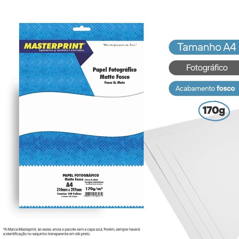 PAPEL FOTOGRAFICO MATTE FOSCO  A4 100 FOLHAS (210mm297mm)  170g/m²