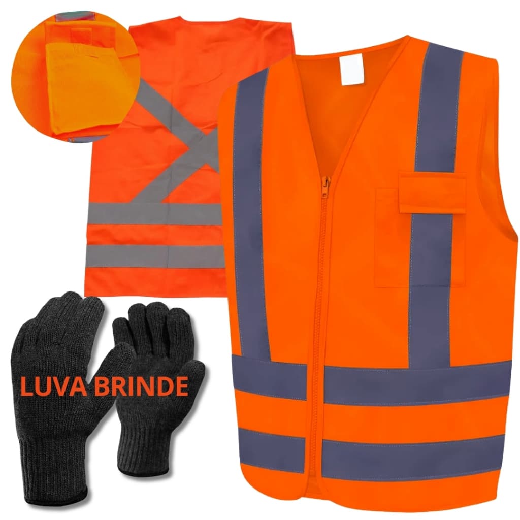 Colete Epi Laranja Super Refletivo C/ Zíper Longa Duração + Luvas brinde