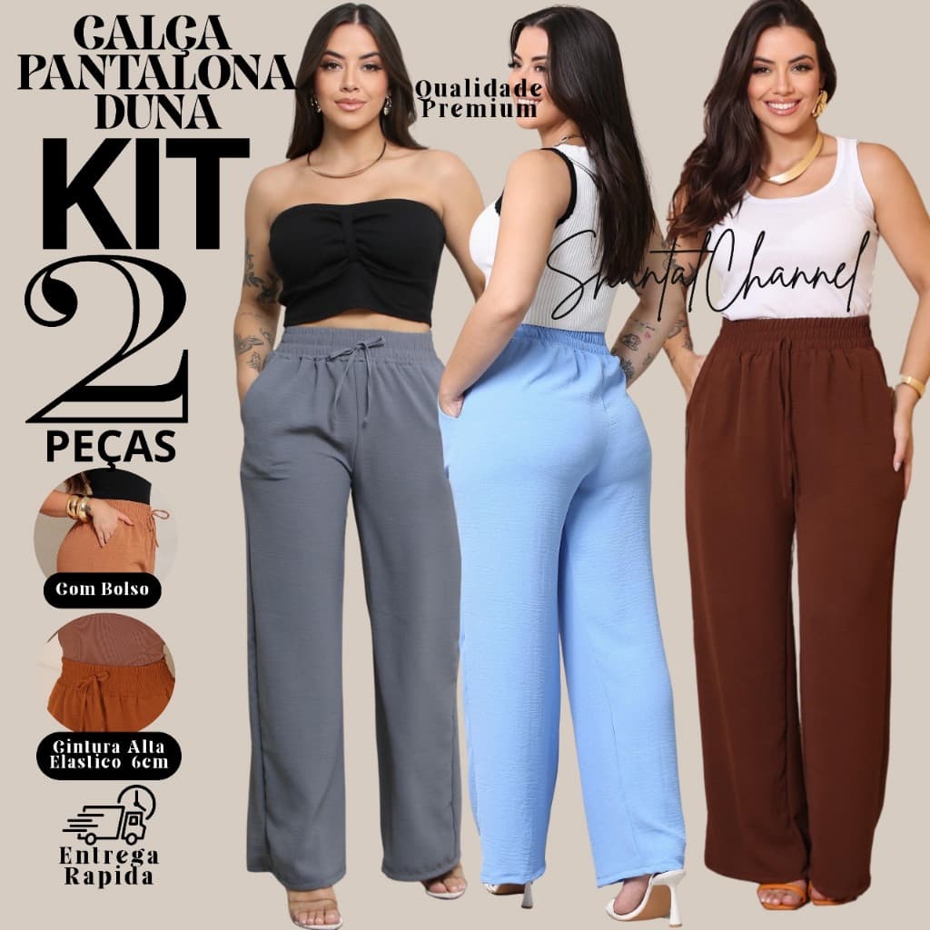Kit 2 Calça Pantalona Feminina Duna Com Bolso Cintura Alta PROMOÇÃO ENVIO IMEDIATO