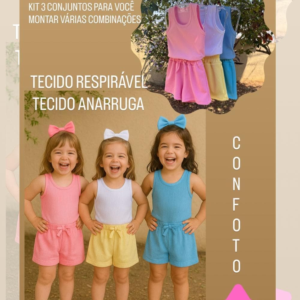 Conjunto Verão Infantil Menina Ribana Canelada Conjunto Verão  infantil menina blusa regata com short dia a dia