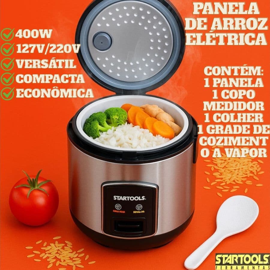 Panela De Arroz Elétrica 1L 400W 127V Ou 220V Com Copo Medidor Colher E Grade De Cozimento A Vapor