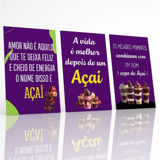 Quadro Decorativo Açaí Frases Kit 3 Peças MDF Para Açaíteria