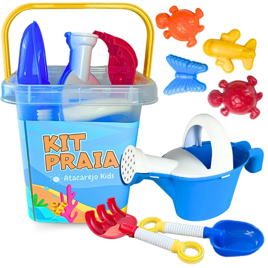 Baldinho Praia Kit Infantil Completo 8 Peças Para Brincar Na Areia Regador Pá Rastelo E Forminhas