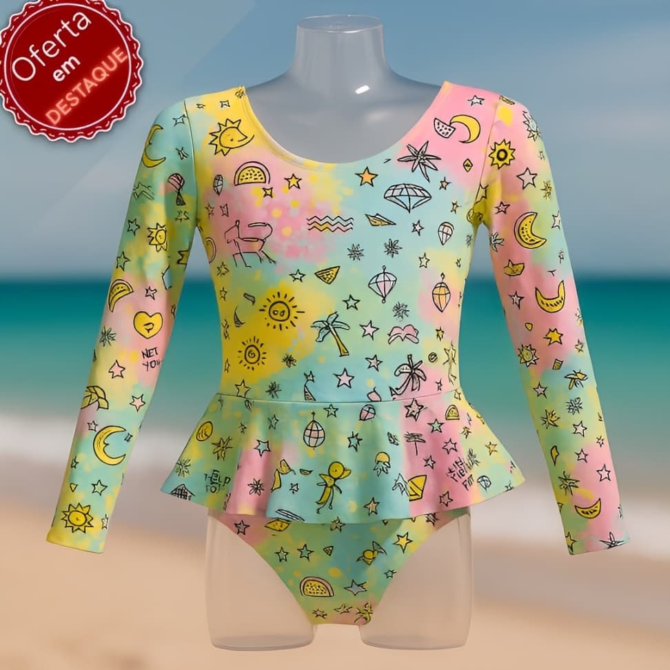 Maiô Estampado Infantil Feminino Manga Longa Vários Modelos Moda Praia Proteção Solar e Estilo