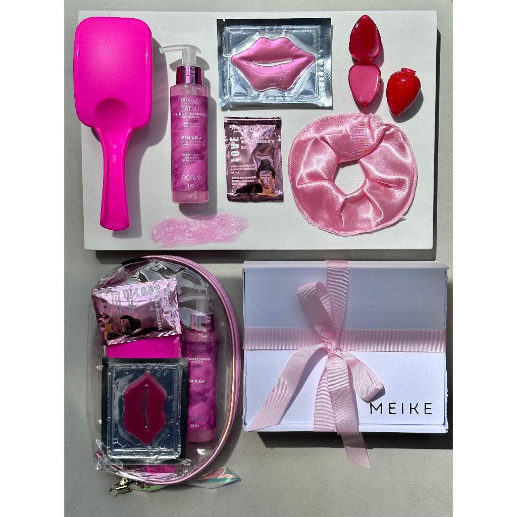 Kit Cosméticos e Acessórios - Com Iluminador Corporal, Necessaire Transparente + Escova Cheirosa + Gloss e Máscaras