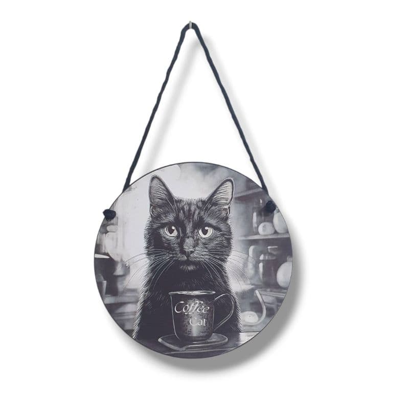 Quadro decorativo Gato Preto Café - Placa decorativa Coffee Cat Cantinho do Café