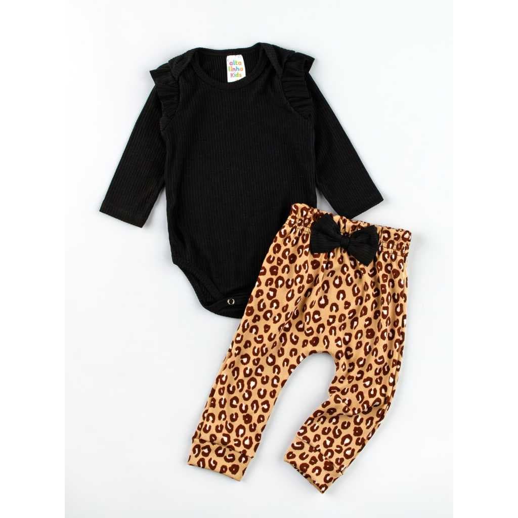 Conjunto Bebe Menina Body Manga Longa Babado Calca Onca Canelado Conforto Qualidade Tamanhos P M G 01