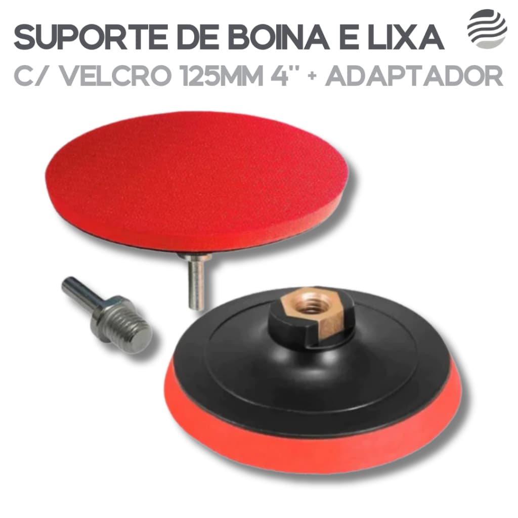 Suporte de Boina e Lixa com Velcro 125MM 4" + Adaptador | Encaixe Furadeira Lixadeira Parafusadeira