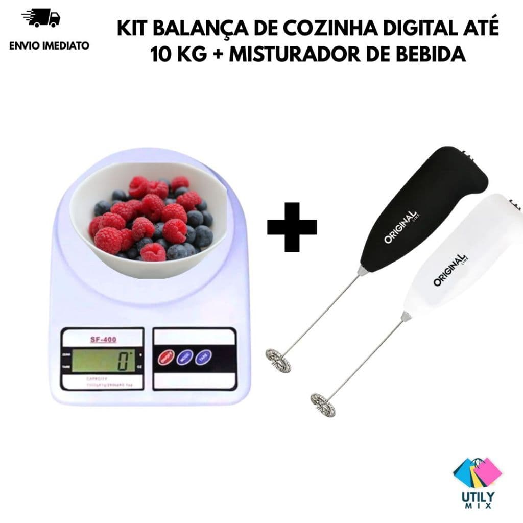 Kit Balança Digital 10 kG E Misturador De Bebidas Mixer Elétrico