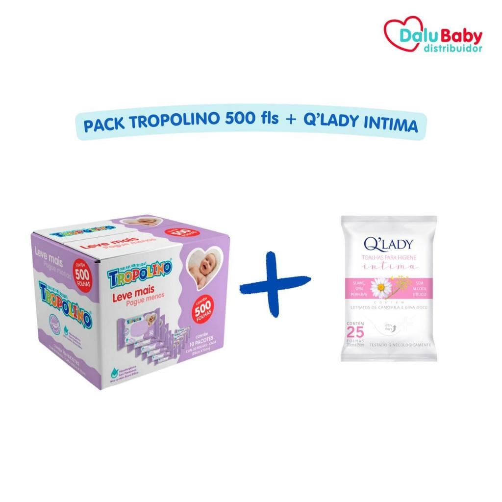 Toalha Umedecida Tropolino Pack 500 Folhas + Íntima  Q'Lady 25 Folhas