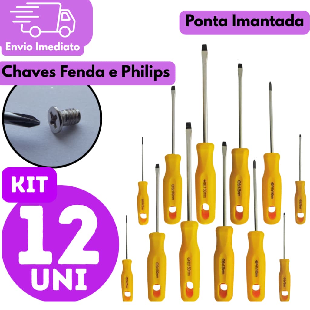 Jogo Chave De Fenda Phillips Profissional Imantado 12 Peças Ferramentas Casa Obras