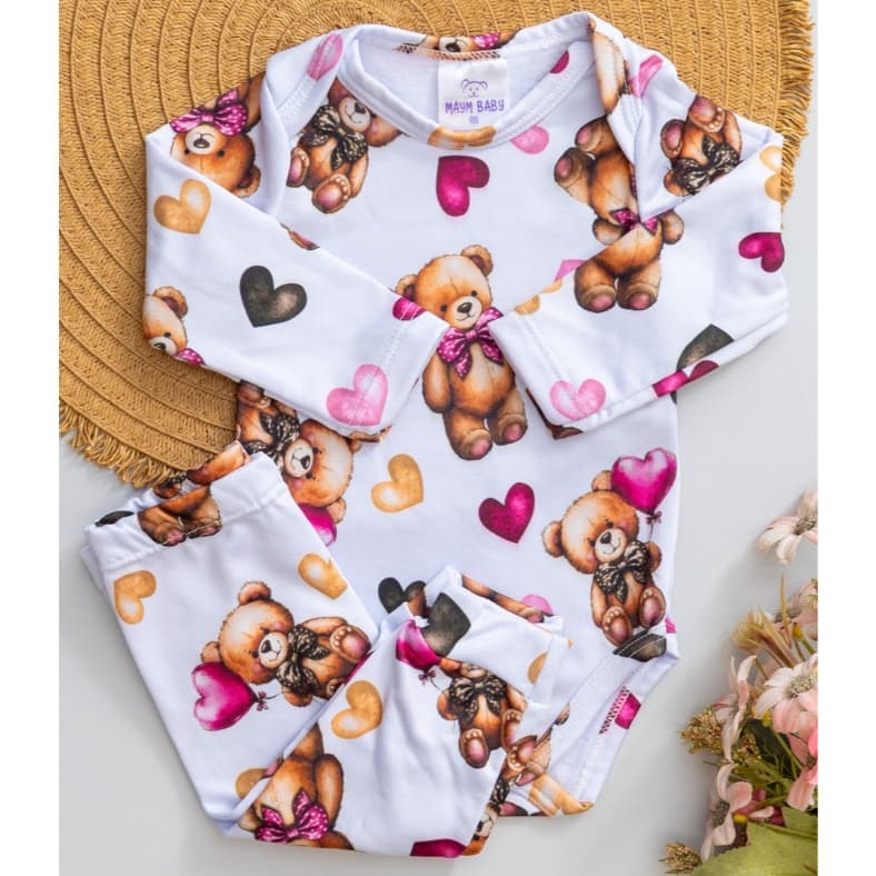 Conjunto Térmico Bebê Pagão Quentinho Longo Infantil Menina Inverno Estampa Urso Corações Rosa