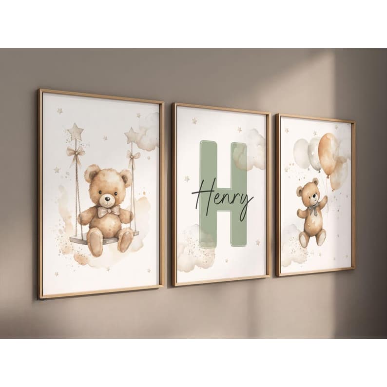 Kit 3 Quadros Ursinho Urso Azul Verde Rosa Neutro Infantil com Moldura Quarto Bebê Maternidade