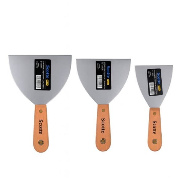 Kit 3 Espátulas Aço Inox Cabo Madeira Scotte Profissional Gesso Massa Drywall