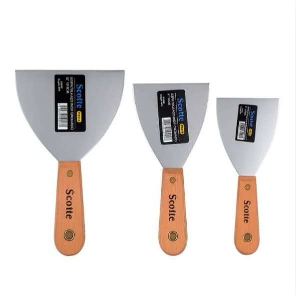 Kit 3 Espátulas Aço Inox Cabo Madeira Scotte Profissional Gesso Massa Drywall