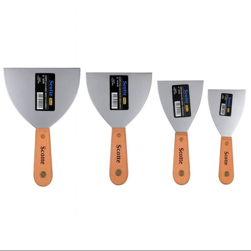 Kit 4 Espátulas Aço Inox Cabo Madeira Scotte Profissional Gesso Massa Drywall