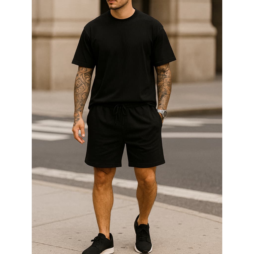 Kit Conjunto Camiseta Algodão e Bermuda Moletinho Masculino Preto Liso