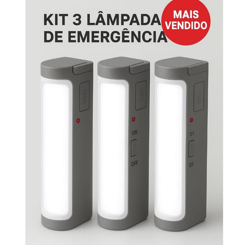 Kit 3 Lâmpada de Emergência 36 LEDs Recarregável Bivolt – Iluminação Potente e Econômica