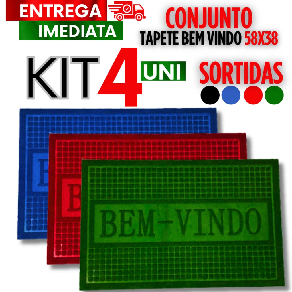 Conjuto 4 unIdades Tapete Bem Vindo Capacho Para Porta Entrada Emborrachado Vinil Antiderrapante