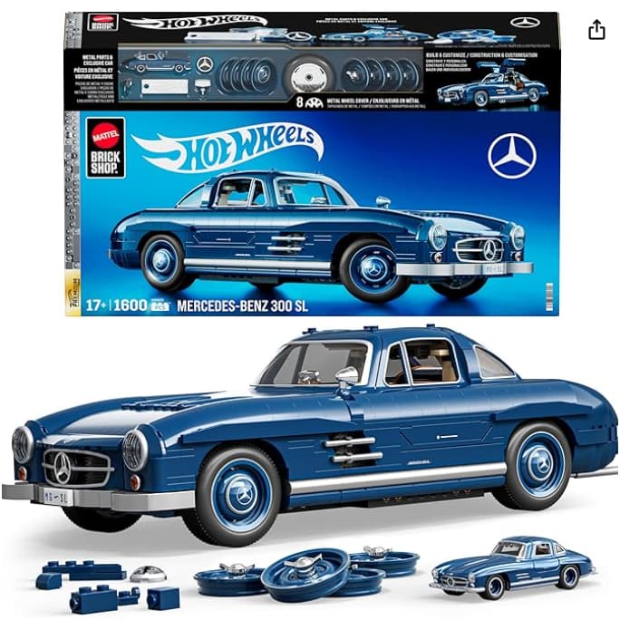 Mattel Brick Shop Hot Wheels Jogo de Construção Premium Mercedes Benz 300 SL modelo montável em escala 1:12 com Placa de