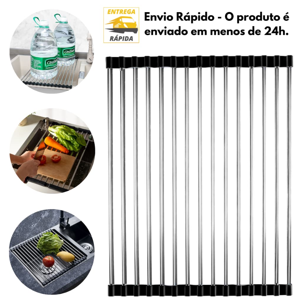 Escorredor Dobrável Apoio Pia Inox Flexível Portátil Leve Resistente Antiderrapante Prato Cozinha