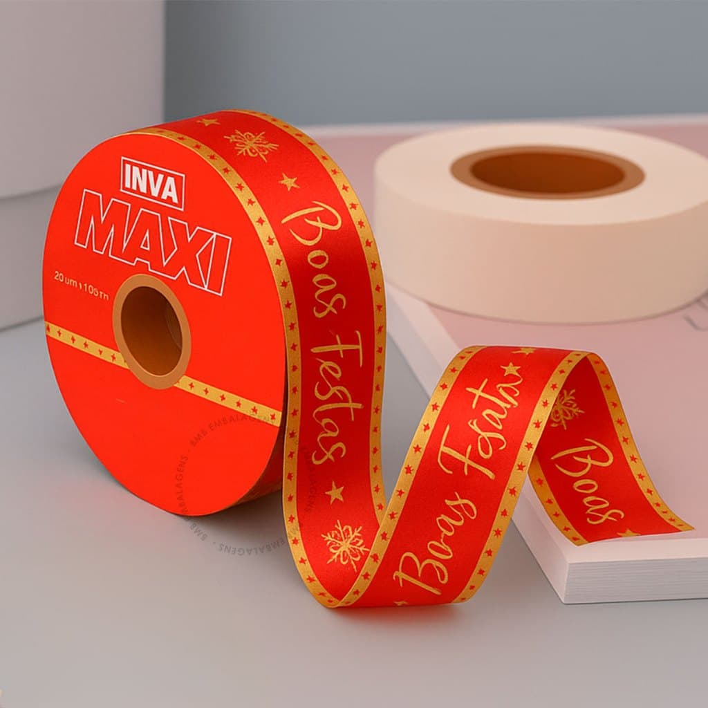 Fita Maxi Albano Boas Festas Vermelha 32mmx 100m Laço Bola Decoração