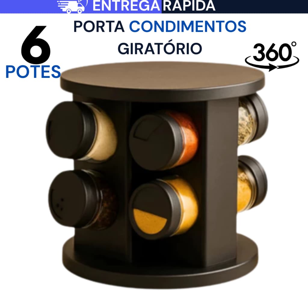 Porta Temperos Premium Giratório 6 Potes Vidro Tampa Dosadora Condimentos Imediato PROMOÇÃO