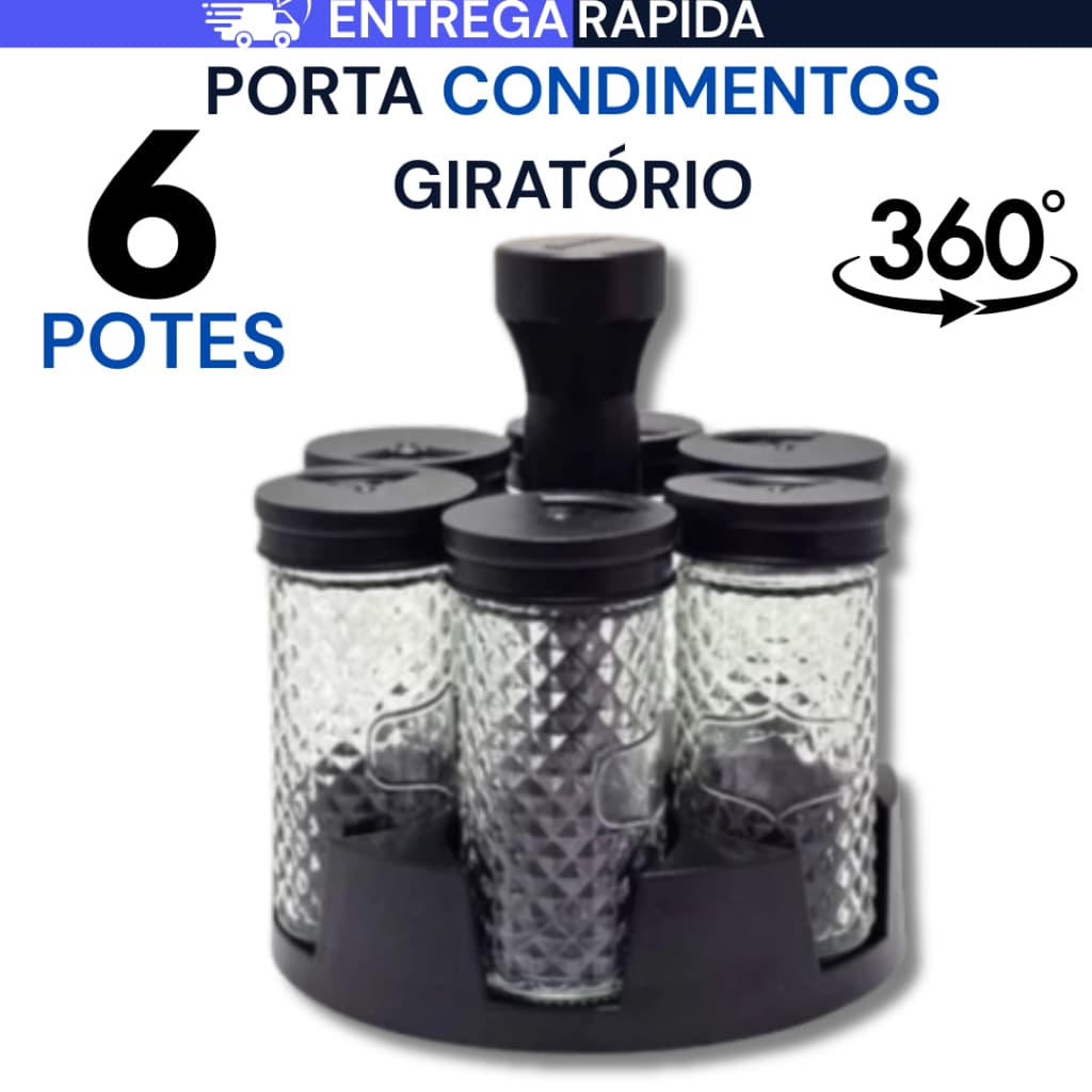 Porta Temperos Condimentos Nódico Giratório 6 Potes De Vidro 85 ML Tampa Dosadora Preto Promoção