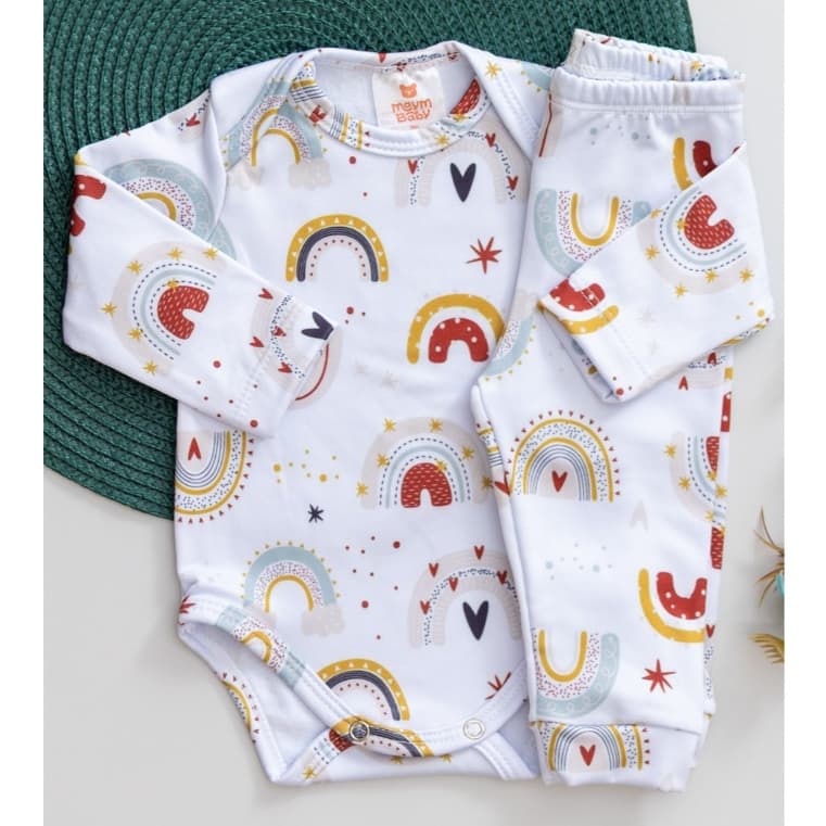 Conjunto Térmico Bebê Pagão Quentinho Longo Infantil Menina Inverno Estampa Arco-íris