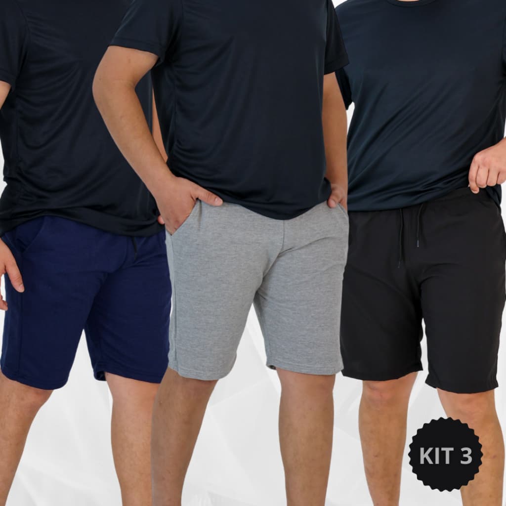 Kit 3 Shorts Bermuda Masculina Moletom Com Bolso Confortável Casual Cintura Ajustável
